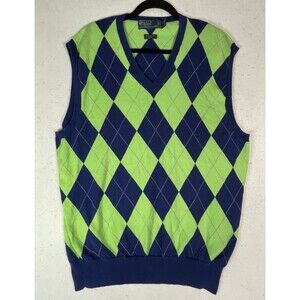 Vintage 90s Polo Ralph Lauren Men's XL Blue Green Argyle V-Neck Sweater Vest